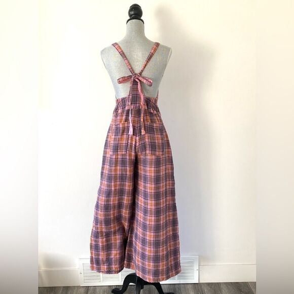 Free People x CP Shades Pink, Purple, Orange Plaid Overall Flare Wide Leg Sz S - Picture 4 of 13